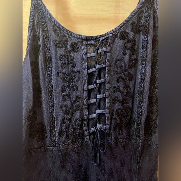 Navy Blue Boho Retro Lace-Up Maxi Dress by My Choice – 100% Rayon - Picture 3 of 9